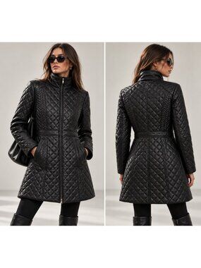 Jones New York Women's Genuine Leather Quilted Black Coat Jacket Size M
